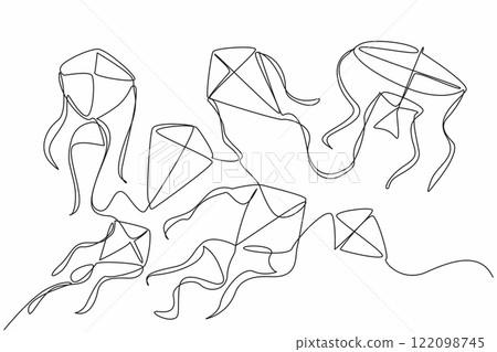 Single one line drawing kites of various shapes and sizes flying in the sky. Kite festival in the field. Fun holiday. Pleasure. Exciting. Go Fly a Kite Day. Continuous line design graphic illustration Single one line drawing kites of various shapes and sizes flying in the sky. Kite festival in the field. Fun holiday. Pleasure. Exciting. Go Fly a Kite Day. Continuous line design graphic illustration 122098745