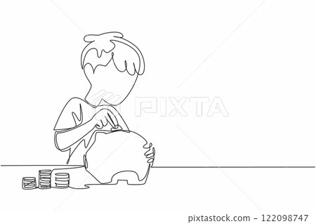 Single one line drawing a boy is putting coins into a piggy bank. The habit of saving from an early age. Financial preparation for the future. Coin Week. Continuous line design graphic illustration Single one line drawing a boy is putting coins into a piggy bank. The habit of saving from an early age. Financial preparation for the future. Coin Week. Continuous line design graphic illustration 122098747