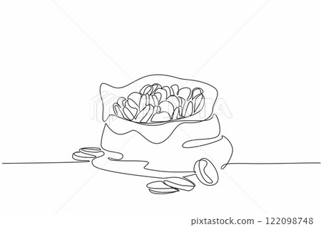 Single one line drawing an open cloth bag filled with coins. Like a prize from television quiz. The gold coins glistened. The luxury of treasure. Coin Week. Continuous line design graphic illustration Single one line drawing an open cloth bag filled with coins. Like a prize from television quiz. The gold coins glistened. The luxury of treasure. Coin Week. Continuous line design graphic illustration 122098748
