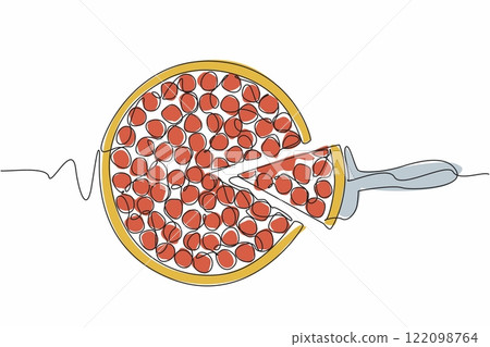 Single continuous line drawing round cut cherry cheesecake. Cut to enjoy its deliciousness. Creamy taste of cheese adds to taste. National Cherry Cheesecake Day. One line design vector illustration Single continuous line drawing round cut cherry cheesecake. Cut to enjoy its deliciousness. Creamy taste of cheese adds to taste. National Cherry Cheesecake Day. One line design vector illustration 122098764