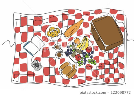 Single one line drawing red and white checkered cloth mat. Prepare snacks and lunch to enjoy together. Sunlight warms the atmosphere. National Picnic Day. Continuous line design graphic illustration Single one line drawing red and white checkered cloth mat. Prepare snacks and lunch to enjoy together. Sunlight warms the atmosphere. National Picnic Day. Continuous line design graphic illustration 122098772