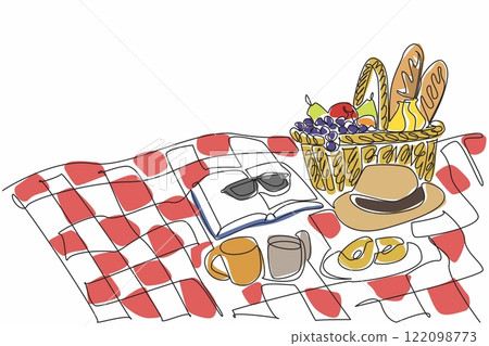 Continuous one line drawing picnic basket made of woven rattan filled with various fruits. Beautiful moments in summer. Sunlight. National Picnic Day. Single line draw design vector illustration 122098773