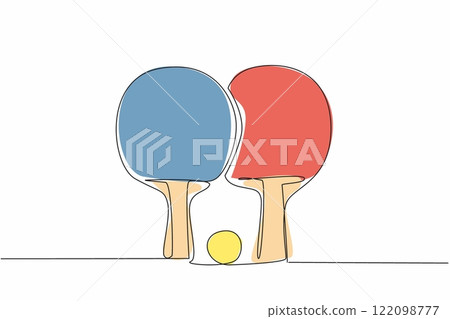 Continuous one line drawing paddle ping pong racket with ball. Set of indoor sports equipment. One-on-one game. Healthy lifestyles. World Table Tennis Day. Single line draw design vector illustration 122098777