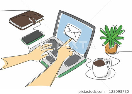 Single continuous line drawing hands typing on laptop. Laptop with touch screen. Open emails just by touching the screen. Technology advances. National Email Day. One line design vector illustration Single continuous line drawing hands typing on laptop. Laptop with touch screen. Open emails just by touching the screen. Technology advances. National Email Day. One line design vector illustration 122098780