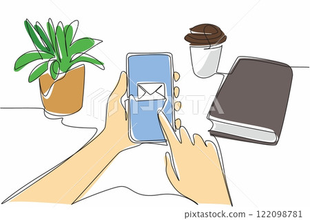 Continuous one line drawing hand looking at email logo from smartphone. Technological advancement. Replying emails from mobile phones. National Email Day. Single line draw design vector illustration 122098781