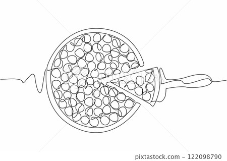Single continuous line drawing round cut cherry cheesecake. Cut to enjoy its deliciousness. Creamy taste of cheese adds to taste. National Cherry Cheesecake Day. One line design vector illustration 122098790