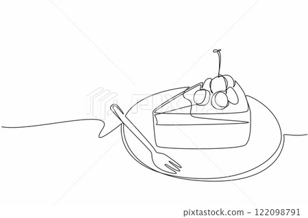 Continuous one line drawing cherry cheesecake cut on a small round plate. Cherry topping adds freshness. Delicious. Tasty. National Cherry Cheesecake Day. Single line draw design vector illustration 122098791
