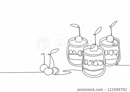 Single one line drawing 3 cups of cherry cheesecake. Ease of serving. Delicious cake in small version. Delicious. Savory. National Cherry Cheesecake Day. Continuous line design graphic illustration 122098792