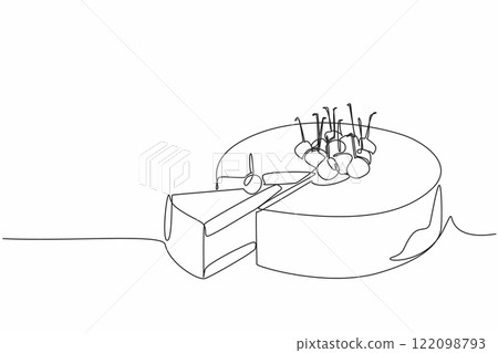 Single continuous line drawing delicious cherry cheesecake slice. Served for celebration. Enjoy deliciousness of the cake together. National Cherry Cheesecake Day. One line design vector illustration 122098793