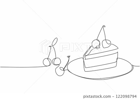 Single one line drawing cherry cheesecake slices with cherry topping on small plate. A piece of extraordinary deliciousness. National Cherry Cheesecake Day. Continuous line design graphic illustration 122098794