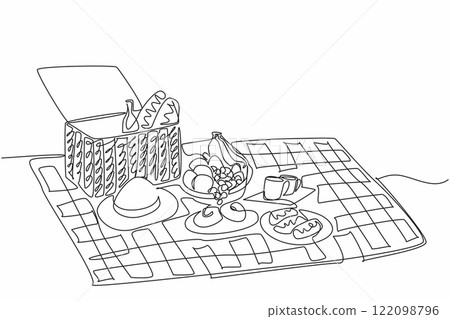 Continuous one line drawing red and white checkered mat and rattan picnic basket. Spending spring with fun things. A unique picnic. National Picnic Day. Single line draw design vector illustration 122098796