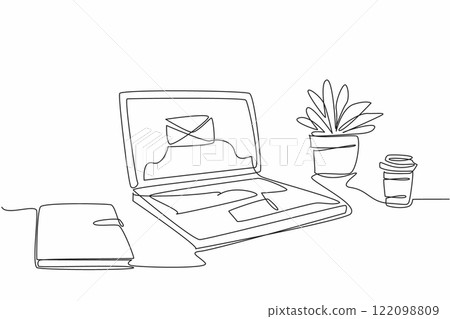 Single continuous line drawing laptop on the desk showing a picture of a large envelope. Important email notifications enabled. Technology. National Email Day. One line design vector illustration 122098809