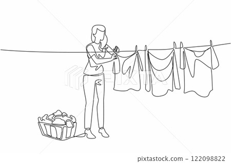 Continuous one line a woman drying clothes. Drying clothes at the right time. Quickly dry and does not damage clothes. Housework. National Hanging Out Day. Single line draw design vector illustration 122098822