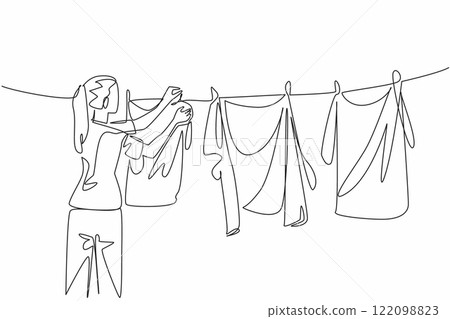 Single continuous line drawing a woman in casual clothes drying clothes. Morning routine before the sun rises and becomes very bright. National Hanging Out Day. One line design vector illustration 122098823