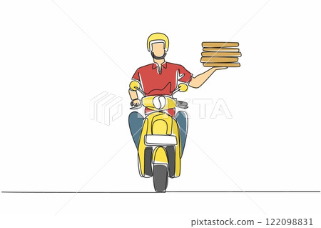 Single continuous line drawing pizza delivery man riding a motorbike. Delivering some delicious pizza stacks to consumers. Pizza Delivery Driver Appreciation Day. One line design vector illustration 122098831
