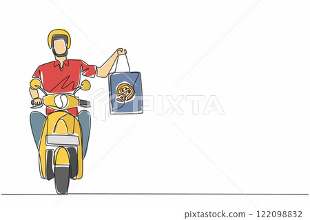 Continuous one line drawing pizza delivery man riding a motorbike and carrying a package bag. Fast food delivery. Pizza Delivery Driver Appreciation Day. Single line draw design vector illustration Continuous one line drawing pizza delivery man riding a motorbike and carrying a package bag. Fast food delivery. Pizza Delivery Driver Appreciation Day. Single line draw design vector illustration 122098832