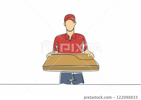 Single one line drawing pizza delivery man carrying a large pizza box. Deliver according to technical instructions. Pizza Delivery Driver Appreciation Day. Continuous line design graphic illustration Single one line drawing pizza delivery man carrying a large pizza box. Deliver according to technical instructions. Pizza Delivery Driver Appreciation Day. Continuous line design graphic illustration 122098833