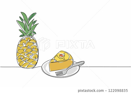 Single continuous line drawing small pieces of pineapple upside-down cake on a small plate. Cake with a distinctive taste. Delicious. Pineapple Upside-Down Cake. One line design vector illustration 122098835