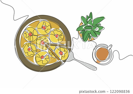 Continuous one line drawing pineapple upside-down cake in round shape on wooden cutting board. More delicious with tea. Zesty. Pineapple Upside-Down Cake. Single line draw design vector illustration 122098836