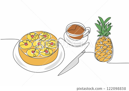 Single continuous line drawing pineapple upside-down cake in round shape on a plate. Complete dessert in a classic restaurant. Calming. Pineapple Upside-Down Cake. One line design vector illustration 122098838