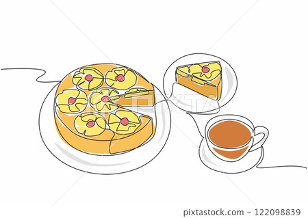 Single one line drawing pineapple upside-down cake in round shape cut into small pieces. Easiest serving. Calmness. Enjoyment. Pineapple Upside-Down Cake. Continuous line design graphic illustration 122098839