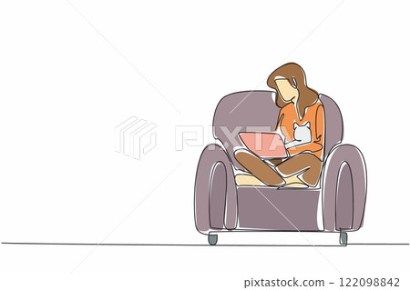 Single one line drawing a woman working on a laptop while holding a cat. Chasing deadlines that must be completed soon. Busy day. National Cat Lady Day. Continuous line design graphic illustration 122098842
