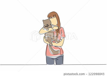 Continuous one line drawing woman hugging and carrying her cat. Relieves fatigue. Play with the favorite cat. Adorable cat behavior. National Cat Lady Day. Single line draw design vector illustration Continuous one line drawing woman hugging and carrying her cat. Relieves fatigue. Play with the favorite cat. Adorable cat behavior. National Cat Lady Day. Single line draw design vector illustration 122098843