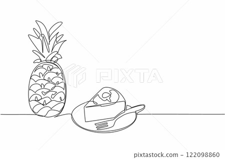 Single continuous line drawing small pieces of pineapple upside-down cake on a small plate. Cake with a distinctive taste. Delicious. Pineapple Upside-Down Cake. One line design vector illustration Single continuous line drawing small pieces of pineapple upside-down cake on a small plate. Cake with a distinctive taste. Delicious. Pineapple Upside-Down Cake. One line design vector illustration 122098860
