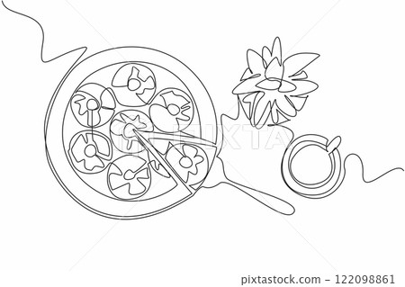Continuous one line drawing pineapple upside-down cake in round shape on wooden cutting board. More delicious with tea. Zesty. Pineapple Upside-Down Cake. Single line draw design vector illustration 122098861
