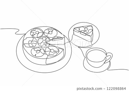 Single one line drawing pineapple upside-down cake in round shape cut into small pieces. Easiest serving. Calmness. Enjoyment. Pineapple Upside-Down Cake. Continuous line design graphic illustration Single one line drawing pineapple upside-down cake in round shape cut into small pieces. Easiest serving. Calmness. Enjoyment. Pineapple Upside-Down Cake. Continuous line design graphic illustration 122098864