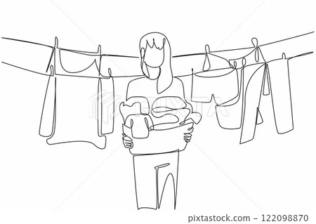 Single continuous line drawing a woman holding a basket filled with piles of clothes. Lift clothes that are dry and clean. Housework. National Hanging Out Day. One line design vector illustration Single continuous line drawing a woman holding a basket filled with piles of clothes. Lift clothes that are dry and clean. Housework. National Hanging Out Day. One line design vector illustration 122098870