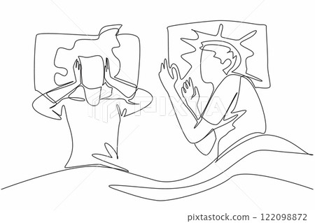 Single continuous line drawing the wife covered both her ears with both her hands. Cannot sleep. Very loud noise disturbance. Tired. Sleepy. Stop Snoring Week. One line design vector illustration 122098872