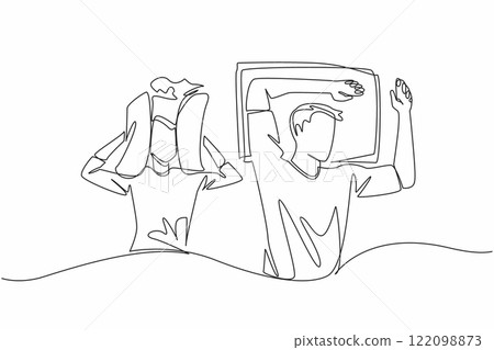 Single one line drawing wife covers both her ears with pillow. Snoring sound that is too loud. Disturbs comfort before going to sleep. Stop Snoring Week. Continuous line design graphic illustration 122098873