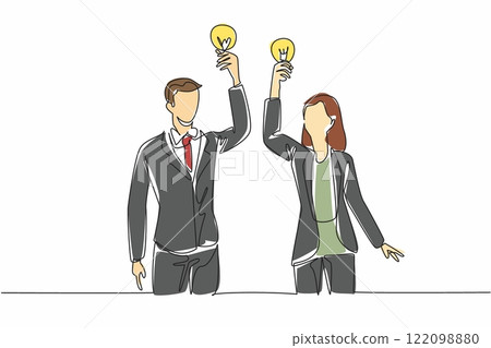 Continuous one line drawing a businessman and a businesswoman each hold up a light bulb. Compete with creative ideas. World Creativity and Innovation Day. Single line draw design vector illustration Continuous one line drawing a businessman and a businesswoman each hold up a light bulb. Compete with creative ideas. World Creativity and Innovation Day. Single line draw design vector illustration 122098880