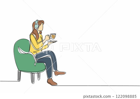 Single one line drawing woman sitting on sofa enjoying warm tea wearing headphones. Double pleasure makes more relaxing. Classical music. National Tea Day. Continuous line design graphic illustration 122098885