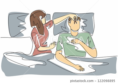 Single continuous line drawing wife covers nose of husband with clothespin. Sleep disorders can come from anywhere. Struggling to fall asleep. Stop Snoring Week. One line design vector illustration 122098895
