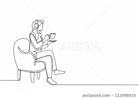 Single one line drawing woman sitting on sofa enjoying warm tea wearing headphones. Double pleasure makes more relaxing. Classical music. National Tea Day. Continuous line design graphic illustration 122098910