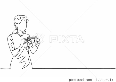 Single continuous line drawing a woman holding transparent glass cup filled with tea and there is tea paper. Want to improve a bad mood. Calming. National Tea Day. One line design vector illustration 122098913