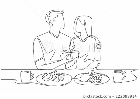 Single continuous line drawing a husband embraces his wife while holding ribboned gift box. Romantic dinner gift for the beloved husband. Husband Appreciation Day. One line design vector illustration 122098914