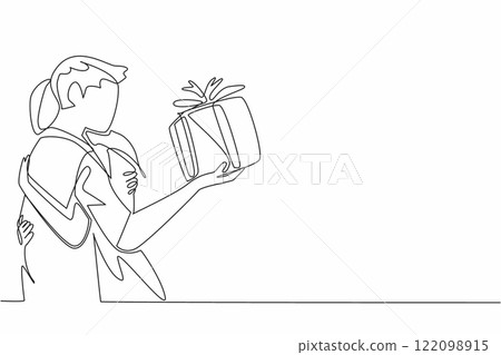 Continuous one line drawing a husband hugging his wife while holding a ribboned gift box. Sweet surprise gift. Affection. Present. Husband Appreciation Day. Single line draw design vector illustration 122098915