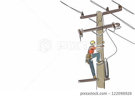 Single one line drawing lineman climbing electric pole. One of the jobs that has a high risk of work accidents. Worker. National Lineman Appreciation Day. Continuous line design graphic illustration 122098926