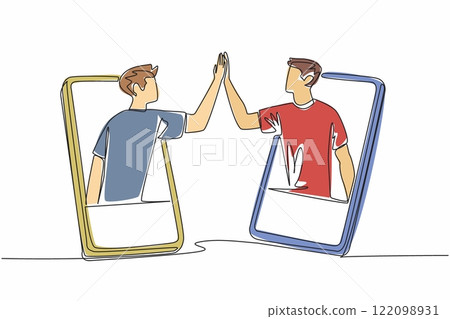 Single continuous line drawing two men with their bodies partially sticking out of smartphones then high-fiving. The goodness of technology. National High Five Day. One line design vector illustration 122098931