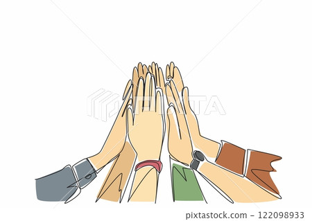 Single continuous line drawing some hands doing high five. Solid teamwork. Supporting each other. Encouraging. Symbol of shared victory. National High Five Day. One line design vector illustration 122098933