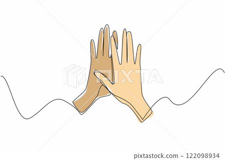 Continuous one line drawing two hands doing a high five. Symbol of intimacy. Supporting each other to achieve common goals. Friend. National High Five Day. Single line draw design vector illustration 122098934