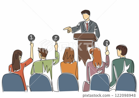 Single continuous line drawing the atmosphere of the room when the auction started. High enthusiasm encouraged the auction chairman. National Auctioneers Day. One line design vector illustration Single continuous line drawing the atmosphere of the room when the auction started. High enthusiasm encouraged the auction chairman. National Auctioneers Day. One line design vector illustration 122098948