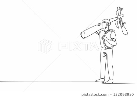 Single continuous line drawing lineman lifts electric pole and cable reel. Finds right installation point for electrical wiring. National Lineman Appreciation Day. One line design vector illustration Single continuous line drawing lineman lifts electric pole and cable reel. Finds right installation point for electrical wiring. National Lineman Appreciation Day. One line design vector illustration 122098950
