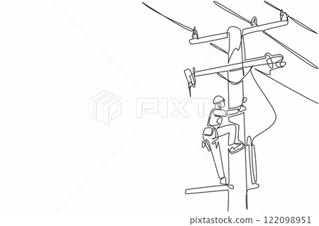 Single one line drawing lineman climbing electric pole. One of the jobs that has a high risk of work accidents. Worker. National Lineman Appreciation Day. Continuous line design graphic illustration 122098951