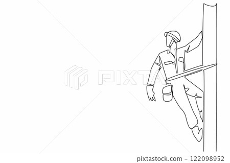 Single continuous line drawing lineman climbs and holds electric pole with one hand. Performing electrical network maintenance. National Lineman Appreciation Day. One line design vector illustration 122098952