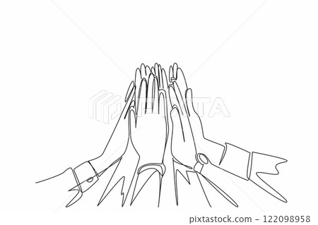 Single continuous line drawing some hands doing high five. Solid teamwork. Supporting each other. Encouraging. Symbol of shared victory. National High Five Day. One line design vector illustration 122098958