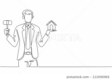 Continuous one line drawing young male auctioneer in suit and tie holding miniature house and wooden hammer. Troubled investment. National Auctioneers Day. Single line draw design vector illustration Continuous one line drawing young male auctioneer in suit and tie holding miniature house and wooden hammer. Troubled investment. National Auctioneers Day. Single line draw design vector illustration 122098968